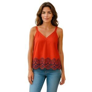 Crown & Ivy Red Cherry Design Scalloped Hem Tank Sz Large Women's Embroidered